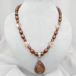Necklace - Bronze Pearls, Swarovski Crystals, Brazilian Pendant - Sterling Clasp